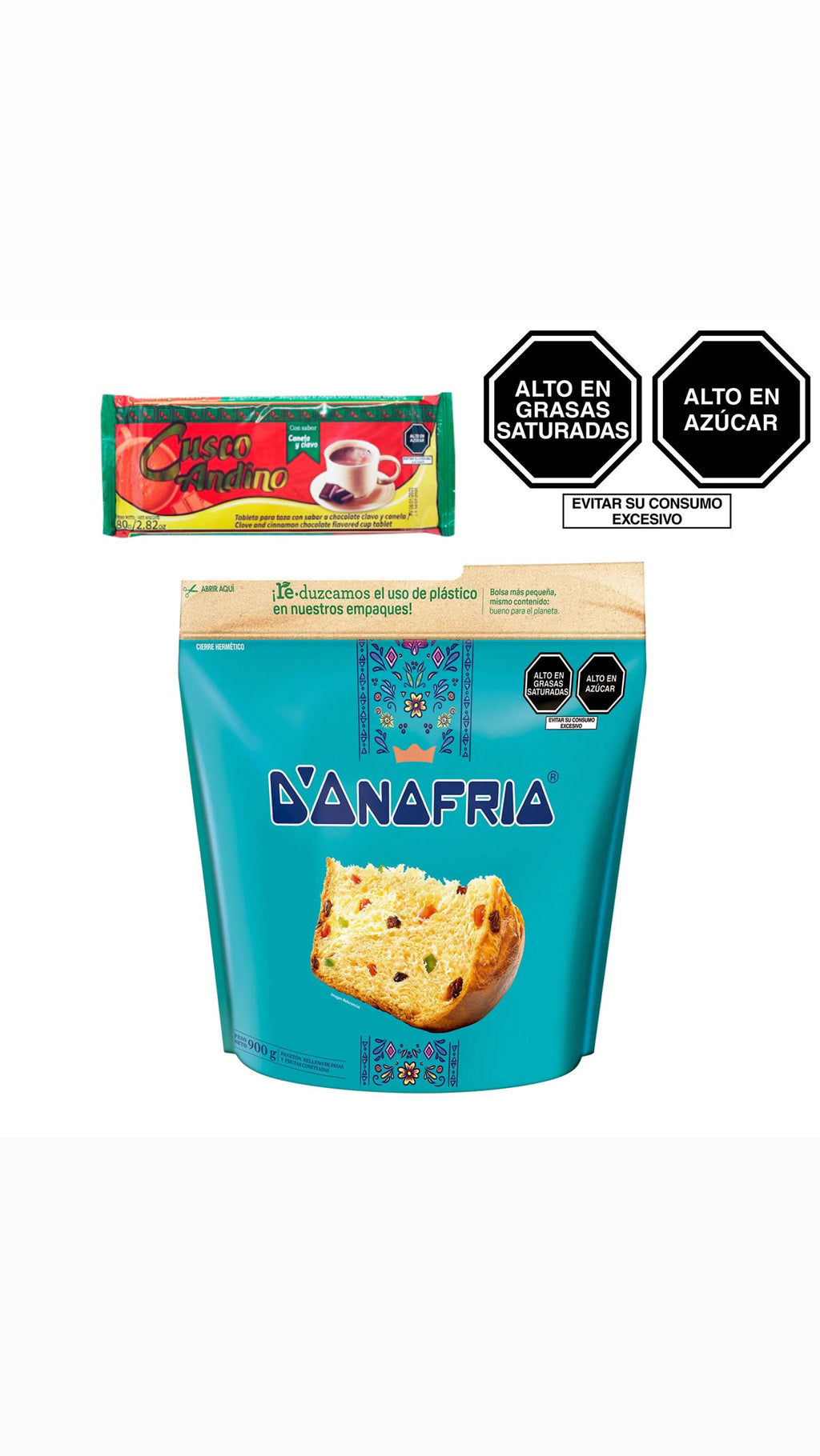 Panetón D'Onofrio (900g) en bolsa + Chocolate Cusco Andino (tableta 90g)